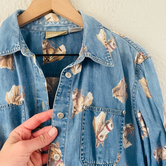 Liz Claiborne Chambray Button Up Horse Print Shirt - Picture 8 of 8